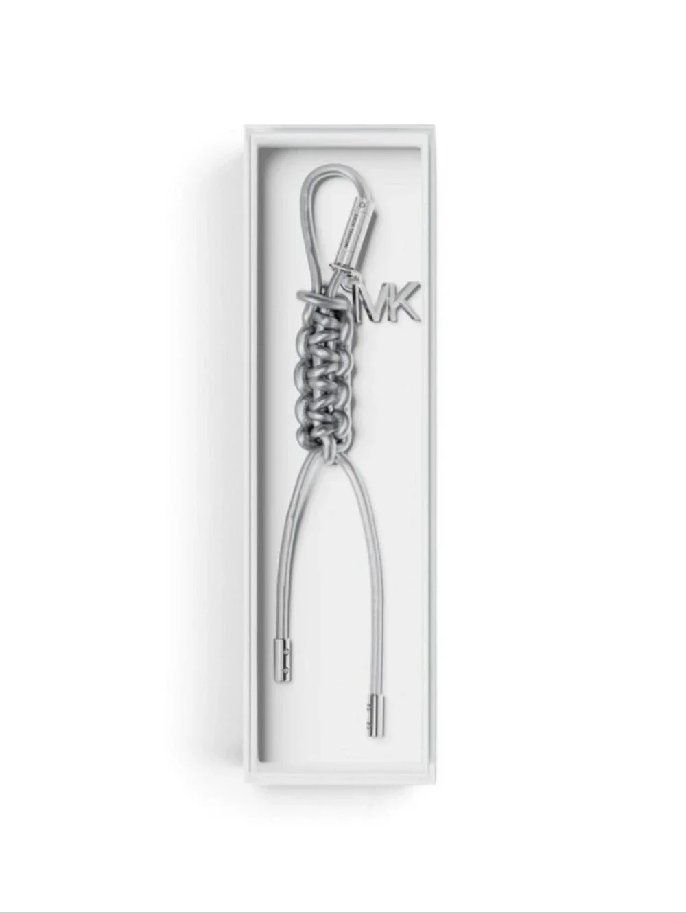 Michael Kors Silver Braided Leather Keyring with MK Charm